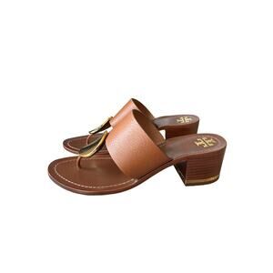 Tory Burch Patos Disk Mid-Heel Sandal Block Brown Leather Gold Retro 8